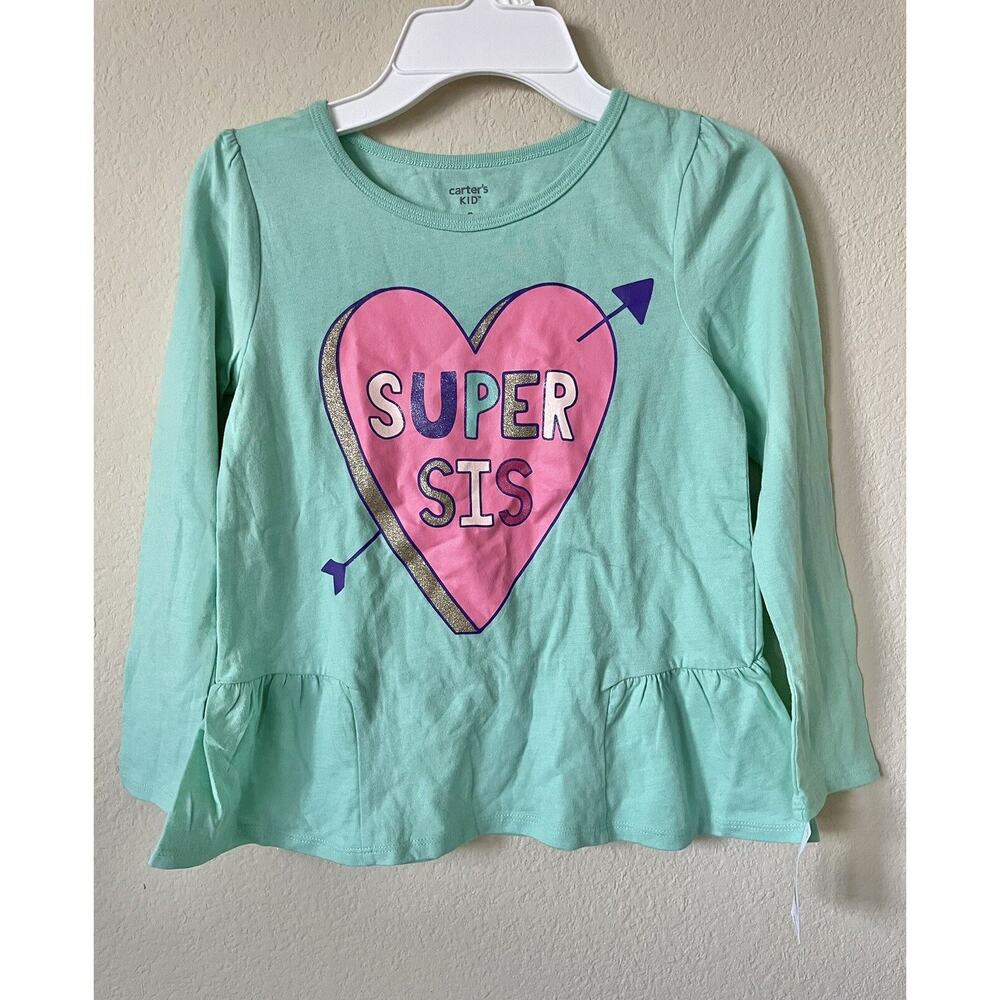 Carter’s Turquoise Sparkle Heart Super Sis Girls’ Long Sleeve Tee Top Size 8
